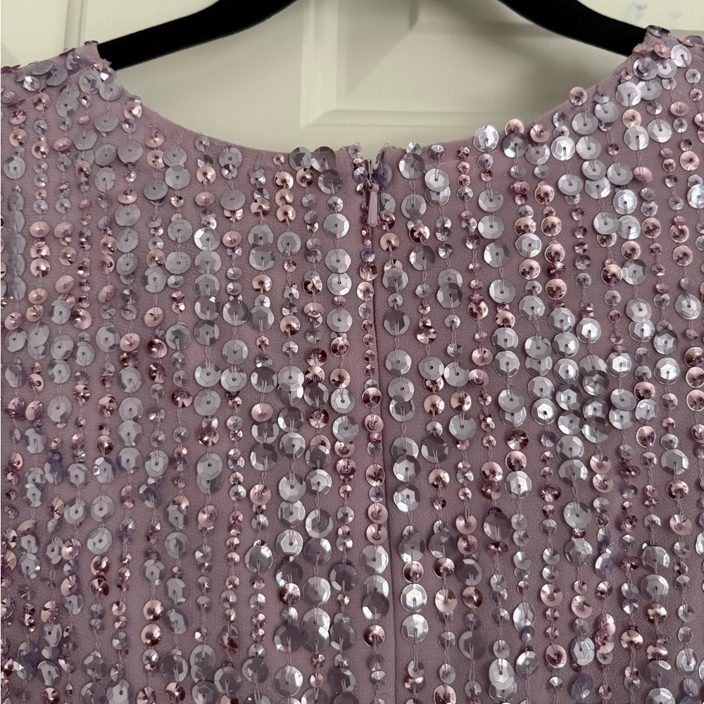 Mac Duggal Purple Sequined Illusion Puff Sleeve V Neck Midi Dress Size 12 NWT - Picture 8 of 10